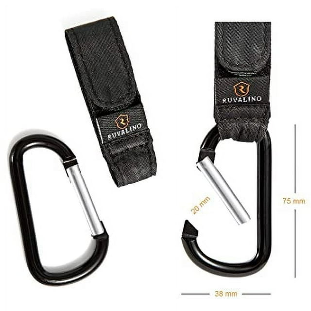 a black and silver carabiner with text: 'RUVALINO RUVALINO 75 mm 20 mm 38 mm'