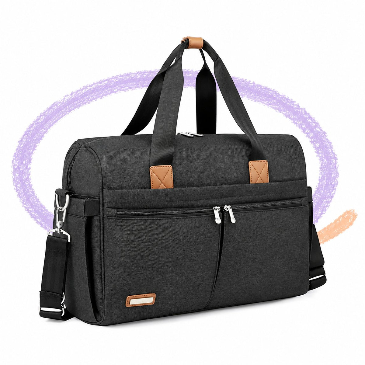 a black bag with brown handles