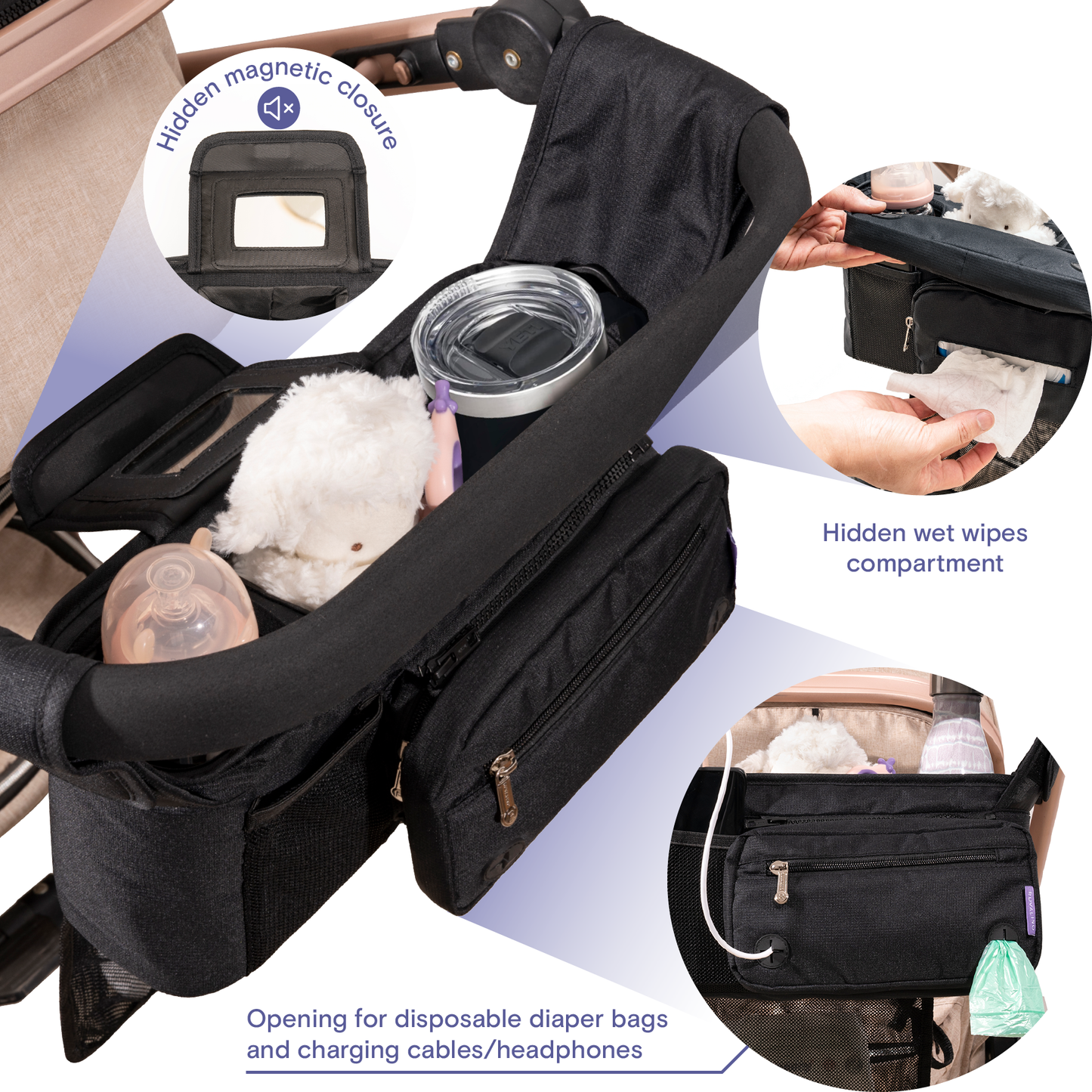 a close-up of a baby carrier with text: 'closure Hidden ma Hidden wet wipes compartment RUVALINO Opening for disposable diaper bags and charging cables/headphones'