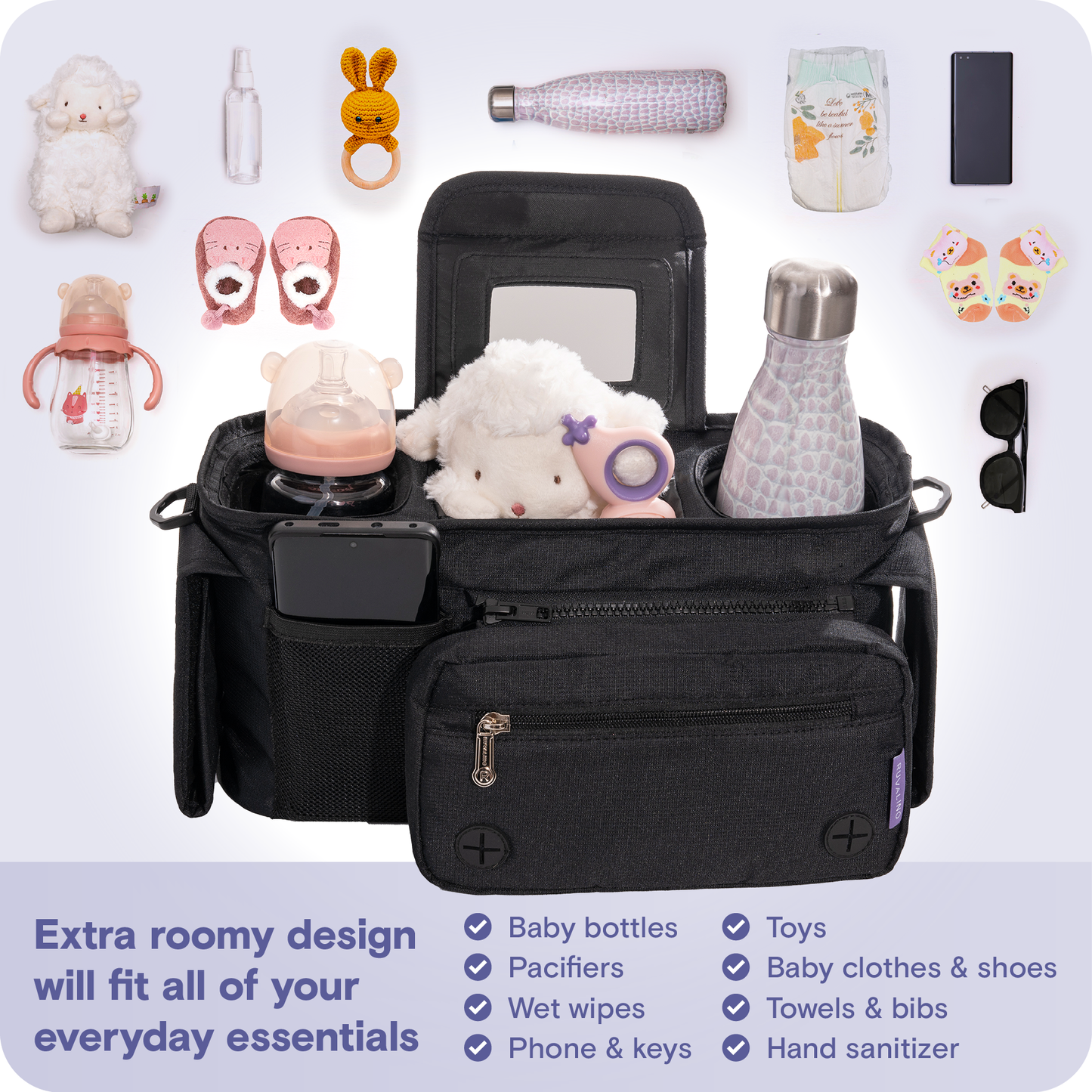 a black bag with toys and baby items with text: 'a RUVALINO Extra roomy design Baby bottles Toys will fit all of your Pacifiers Baby clothes & shoes everyday essentials Wet wipes Towels & bibs Phone & keys Hand sanitizer'