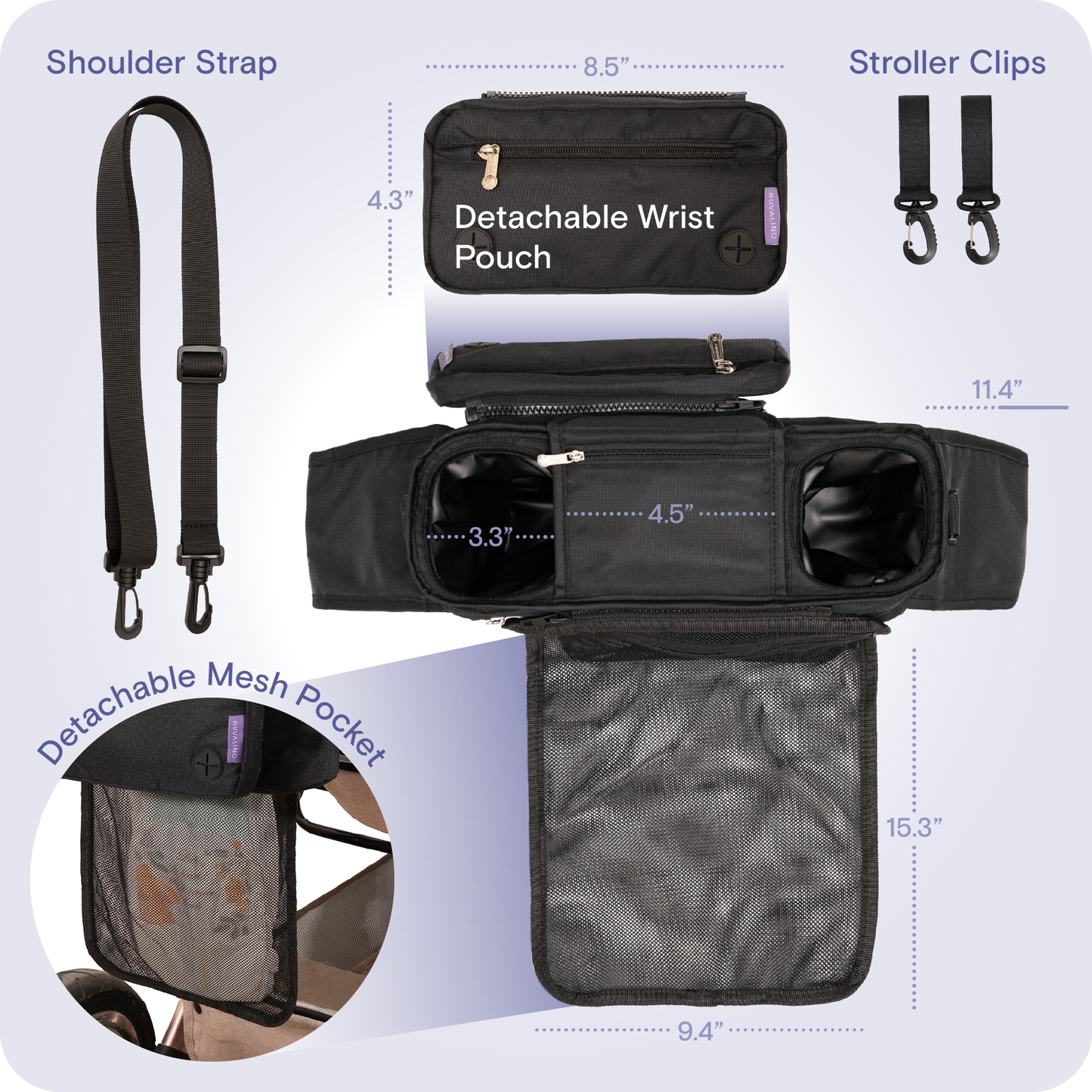 a close-up of a bag with text: 'Shoulder Strap 8.5" Stroller Clips 4.3" RUVALINO Detachable Wrist 55 .. Pouch 11.4" 4.5" 3.3" Mesh ..'