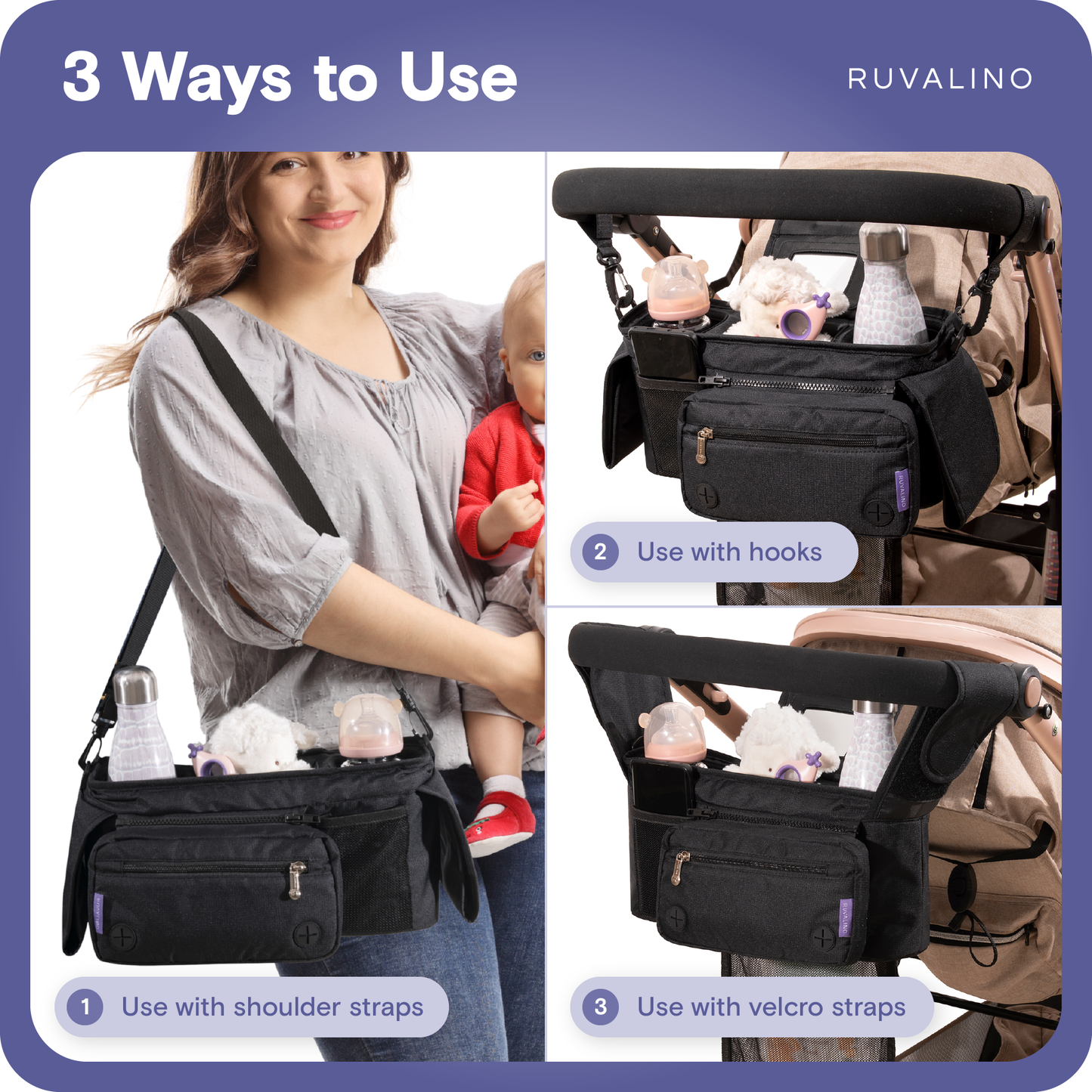 a person carrying a baby with text: '3 Ways to Use RUVALINO RUVALINO 2 Use with hooks RUVALINO 1 Use with shoulder straps 3 Use with velcro straps'