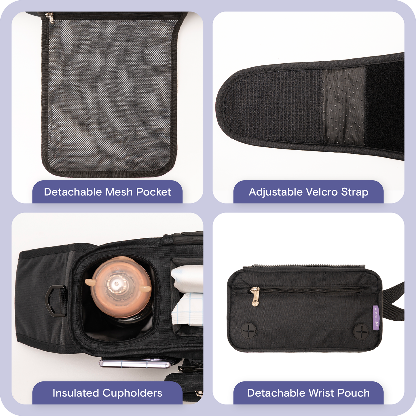 a collage of different items with text: 'Detachable Mesh Pocket Adjustable Velcro Strap LINO Insulated Cupholders Detachable Wrist Pouch'