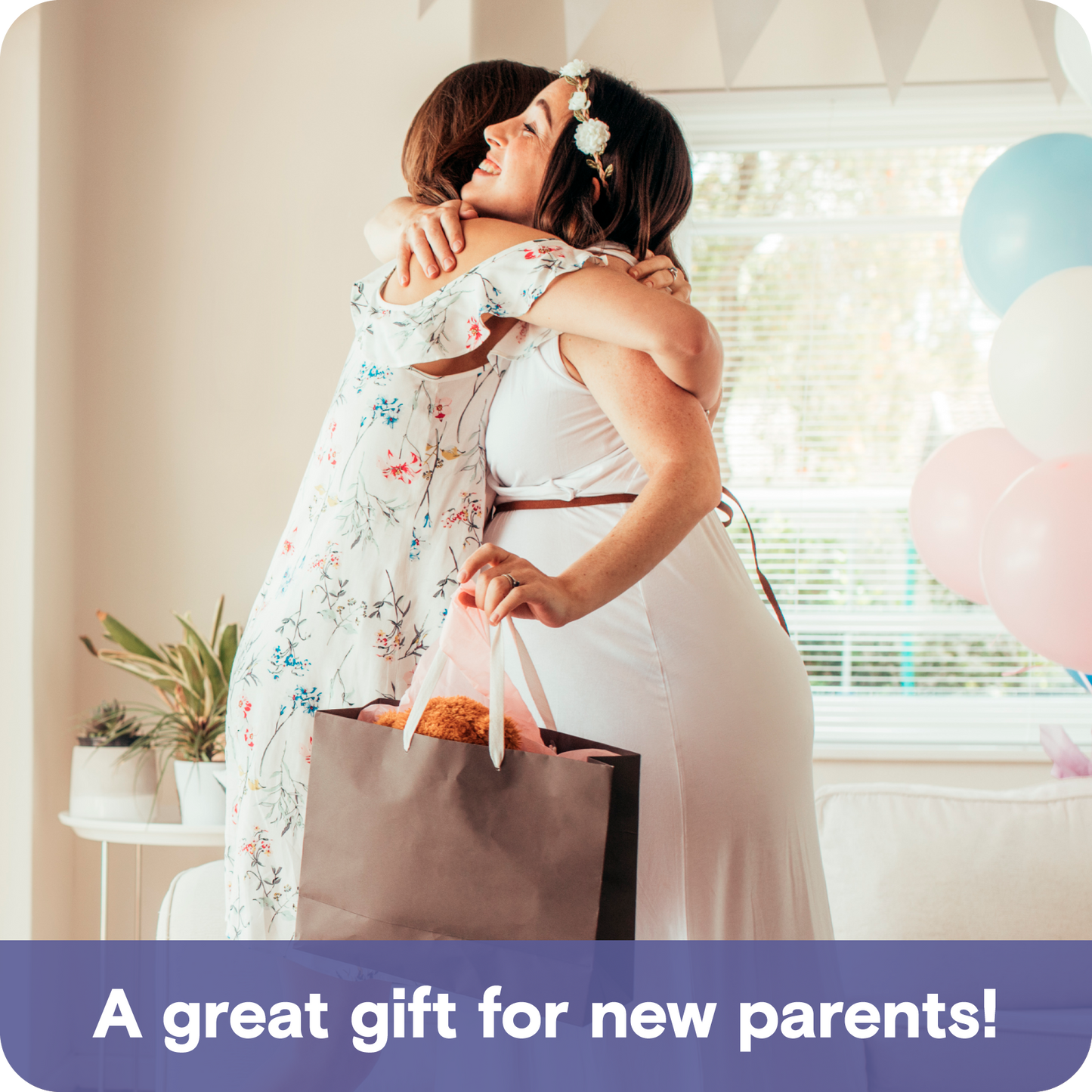 a person hugging a child with text: 'A great gift for new parents!'