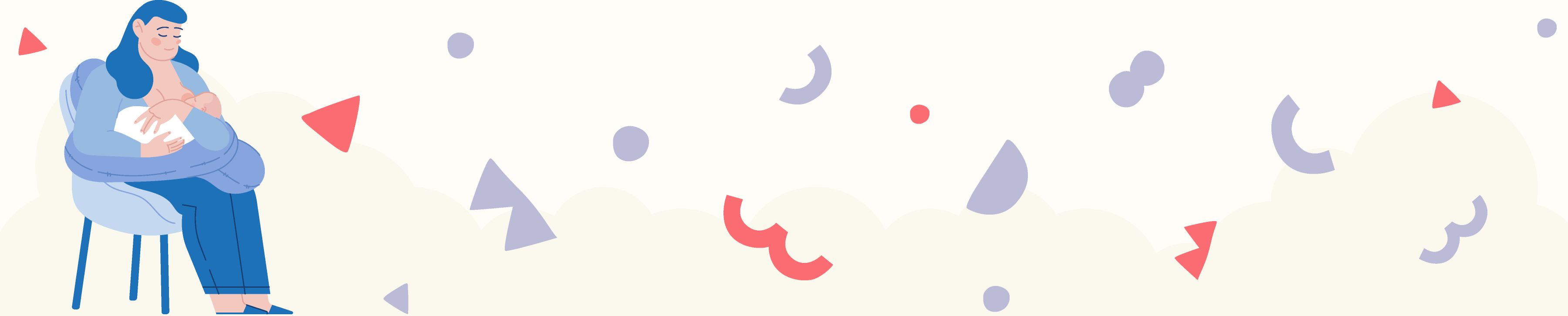 illustration of a mom breastfeeding a baby with red and purple shapes floating in background