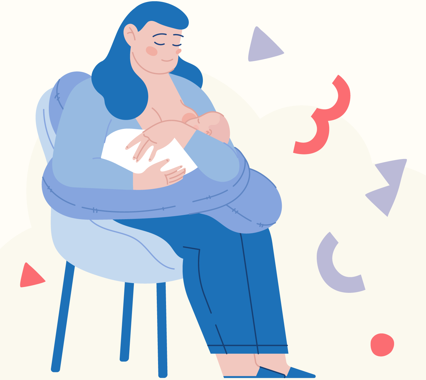 illustration of a mom breastfeeding a baby with red and purple shapes floating in background