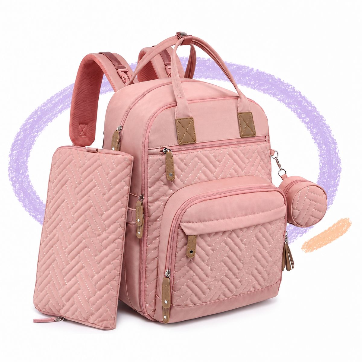 Pink diaper backpack with matching diaper pouch and pacifier case