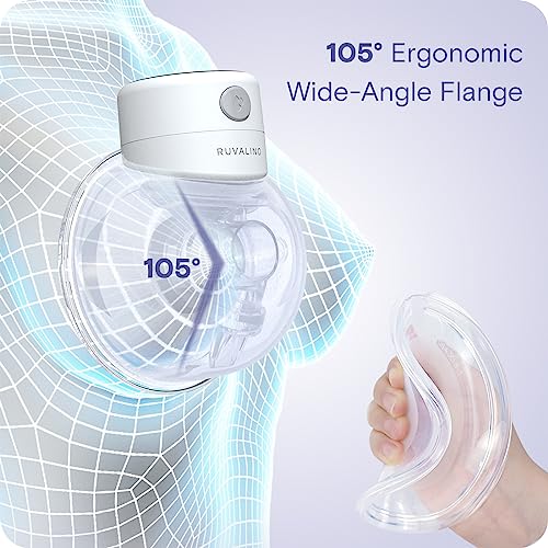 a close-up of a breast pump with text: '105º Ergonomic Wide-Angle Flange RUVALINO'