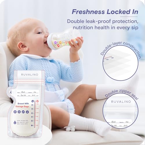 a baby sitting in a chair drinking from a bottle with text: 'Freshness Locked In Double leak-proof protection, nutrition health in every sip nstruction RUVALINO Milk RUVALINO ----'