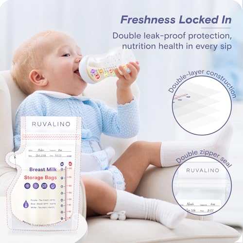 a baby sitting on a chair drinking from a bottle with text: 'Freshness Locked In Double leak-proof protection, nutrition health in every sip Double-layer construction RUVALINO Breast Milk RUVALINO Storage Bags'