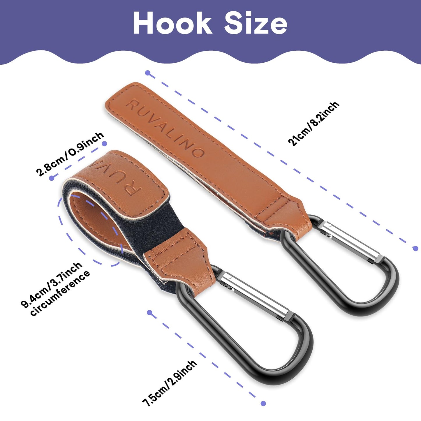 a close up of a key chain with text: 'Hook Size RUVALINO 2.8cm/0.9inch - - - - 9.4cm/3.7inch circumference 21cm/8.2inch - - - 7.5cm/2.9inch'