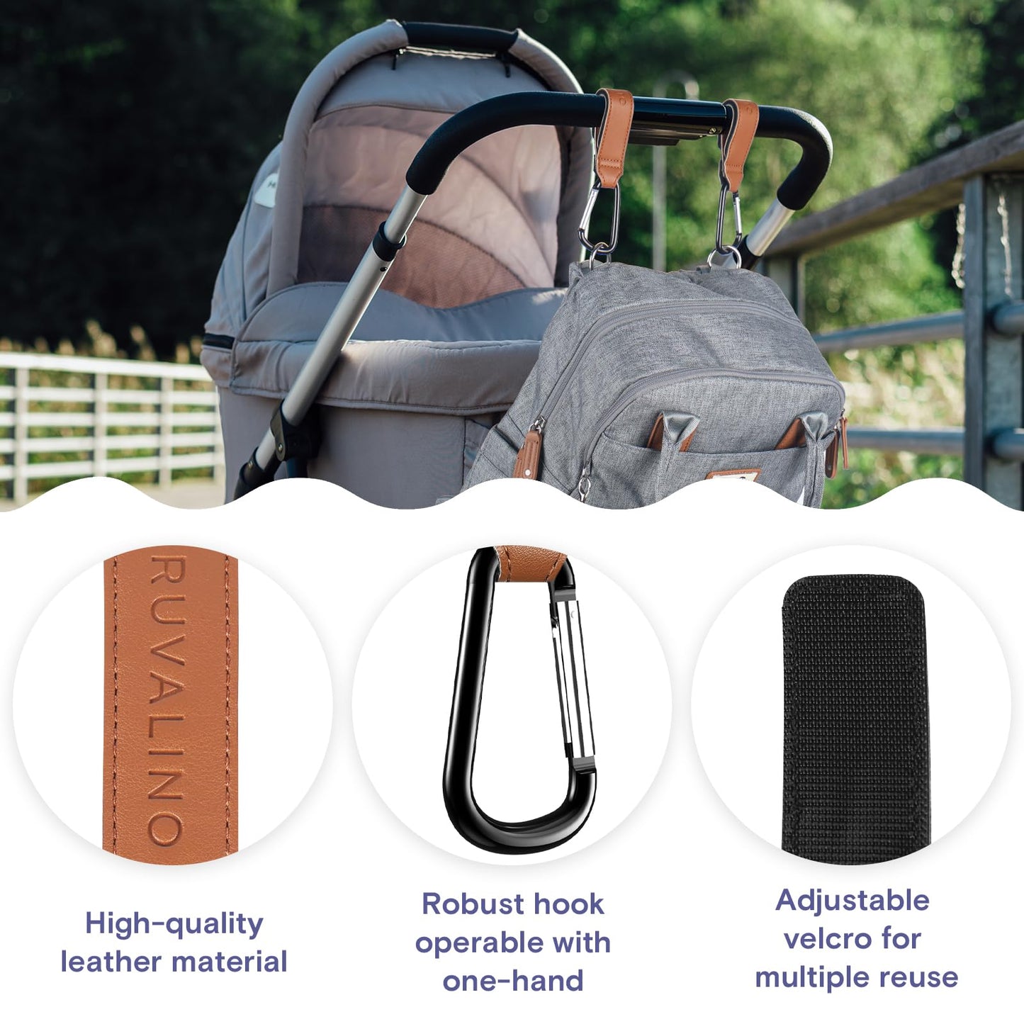 a close up of a stroller with text: 'RUVALINO High-quality Robust hook Adjustable leather material operable with velcro for one-hand multiple reuse'