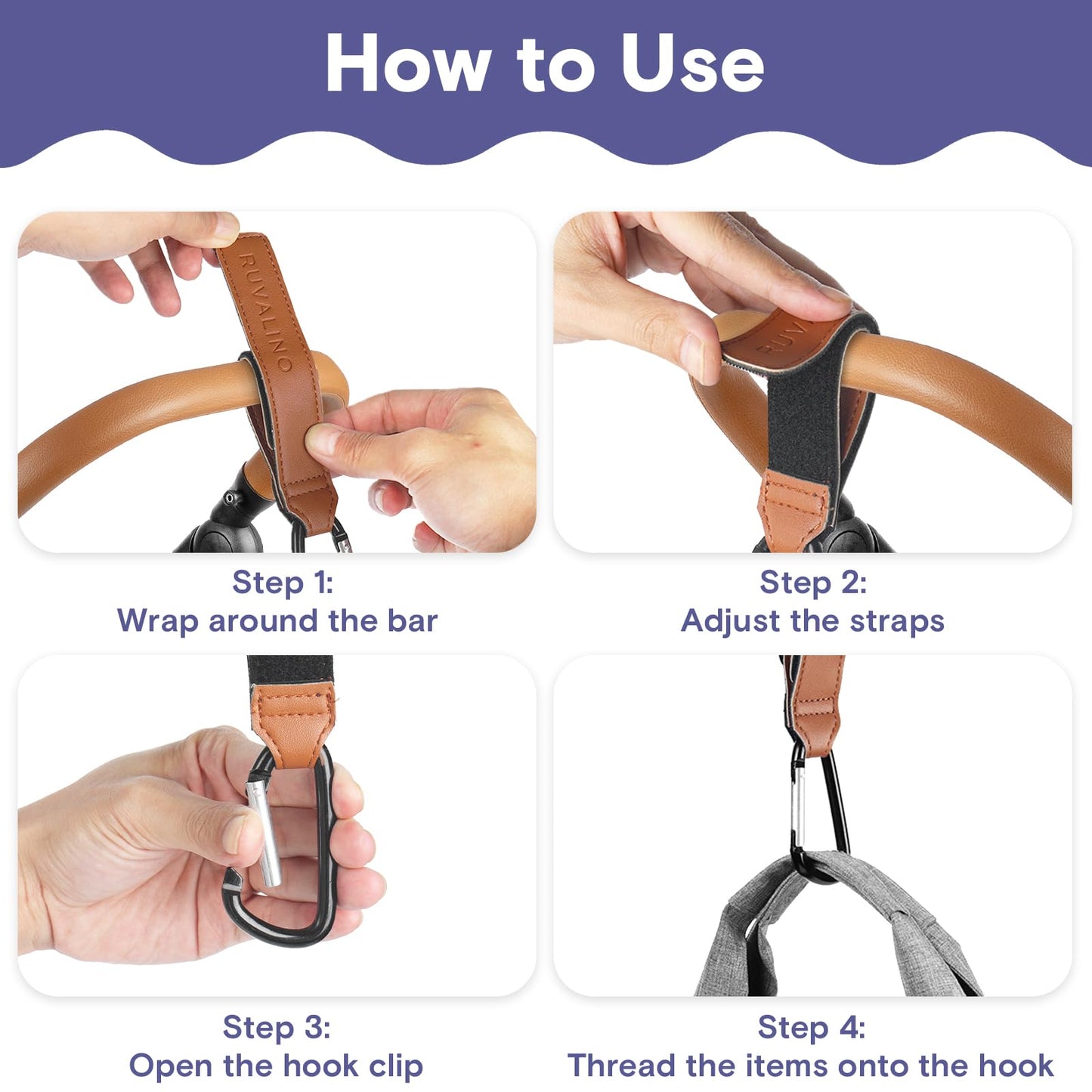 a close up of a hand holding a leather strap with text: 'How to Use RUVALINO Step 1: Step 2: Wrap around the bar Adjust the straps Step 3: Step 4: Open the hook clip Thread the items onto the hook'