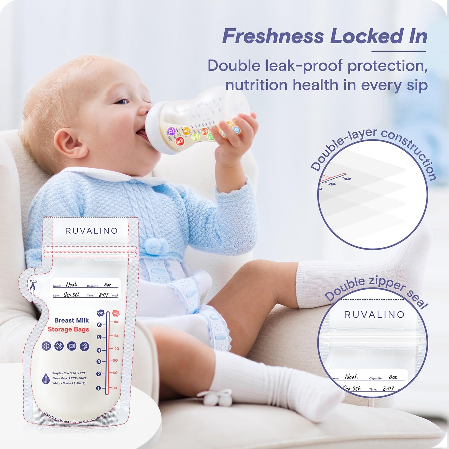 a baby sitting in a chair drinking from a bottle with text: 'Freshness Locked In Double leak-proof protection, nutrition health in every sip D DHA Double-la RUVALINO Double zipper seal Name: Noah Capacity: Date: Sep. Time: 8:07 oz ML RUVALINO Breast Milk -180 Storage Bags 5 -150 4 -120 3 -90 Purple - Too Cold -60 Blue - Good ( 97'F - Noah Capacity: 602 White - Too Hot (> 1 Cep. 5th Time: 8:07'