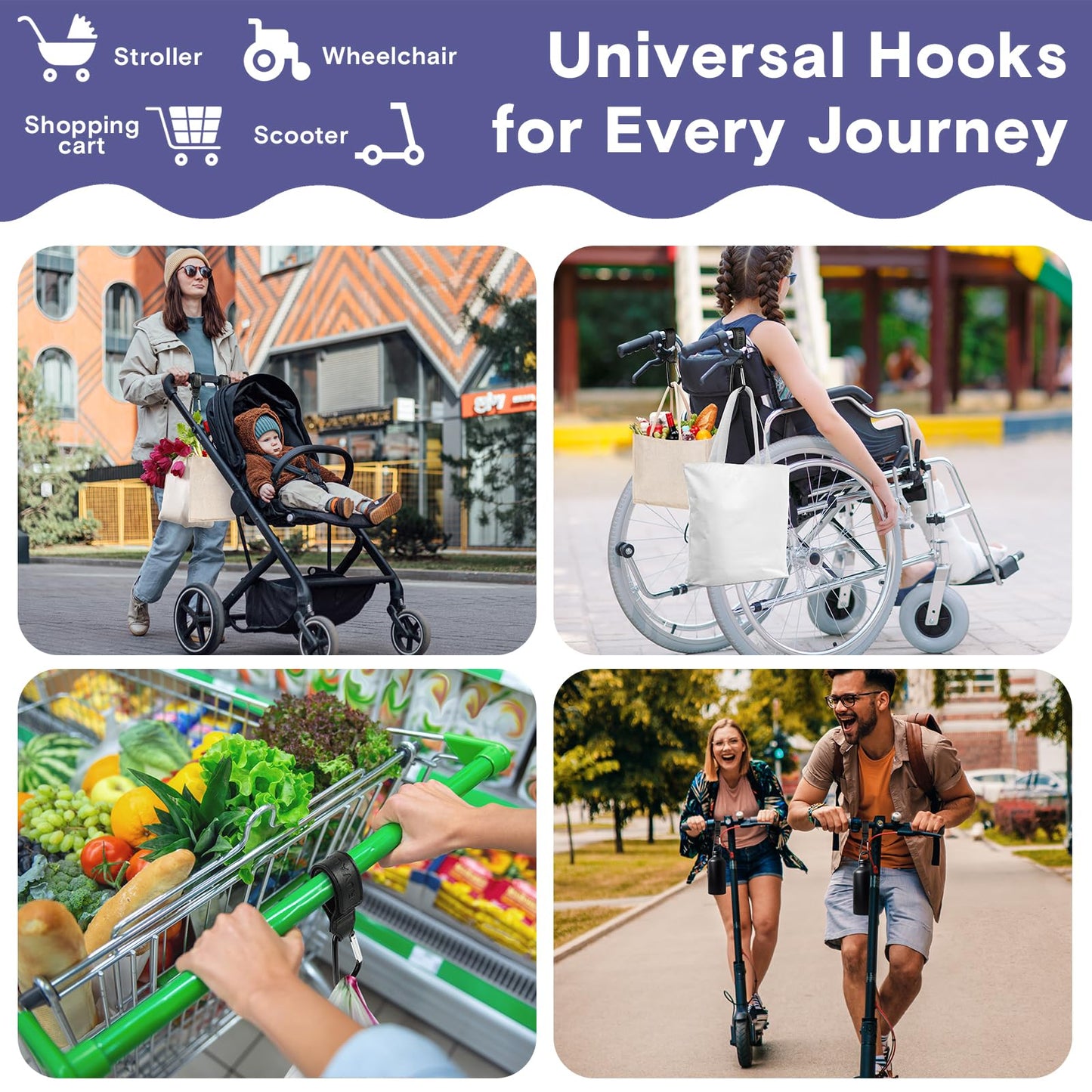 a collage of images of people pushing a stroller with text: 'Stroller Wheelchair Universal Hooks Shopping for Every Journey cart Scooter'