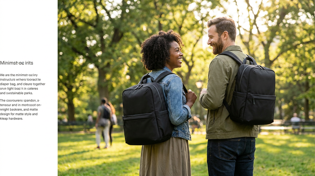 Mom and dad both carrying the same minimalist black diaper bag backpack — unisex diaper bag 2025