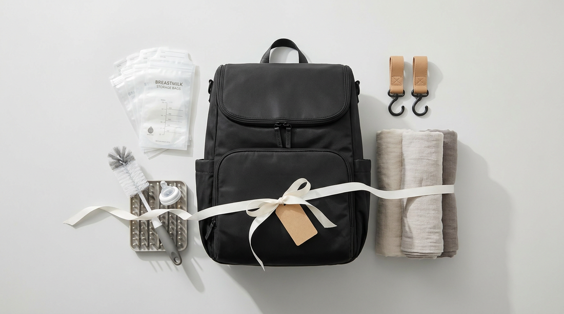 Practical baby shower gifts flat lay including diaper bag, stroller hooks, breastmilk storage bags
