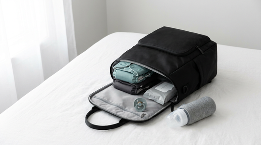 Organized diaper bag flat lay with color-coded pouches and baby essentials