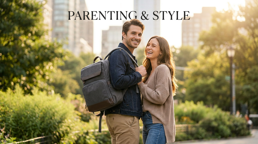 Dad and mom sharing a gender-neutral black diaper bag backpack at the park — Ruvalino unisex design 2026