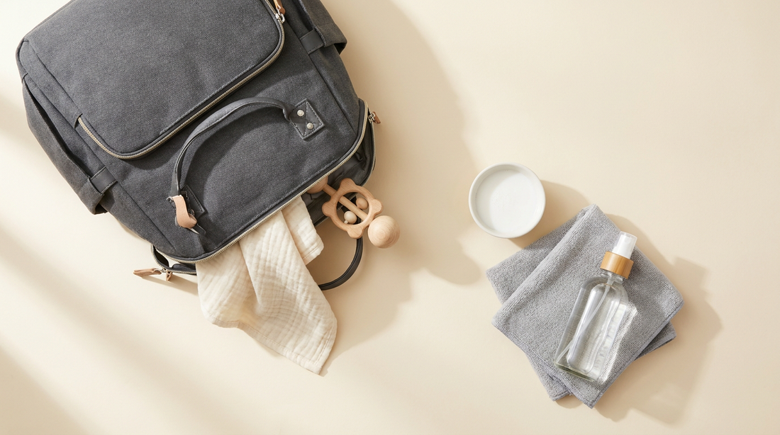 Flat-lay of dark gray Ruvalino diaper bag with soap, microfiber cloth and spray bottle on cream surface — bag care guide
