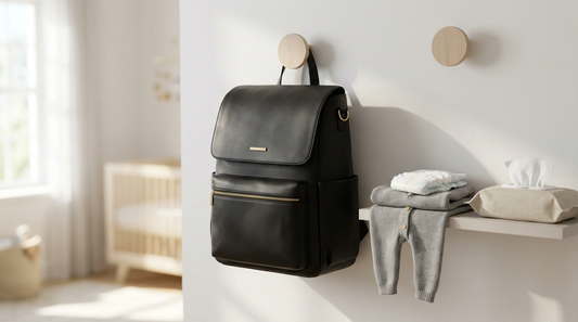 Minimalist black gender-neutral diaper bag backpack on nursery wall hook — RUVALINO Smart Mom Buying Guide 2026