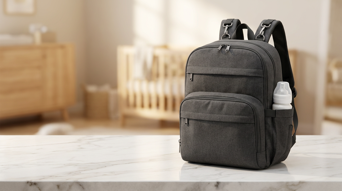 Gray Ruvalino Classic Diaper Bag Backpack standing upright on marble counter with baby bottle in side pocket, product review cover image