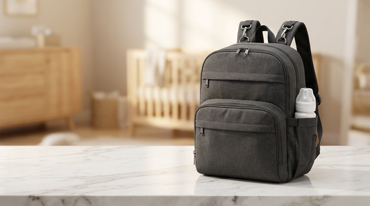 Gray Ruvalino Classic Diaper Bag Backpack standing upright on marble counter with baby bottle in side pocket, product review cover image