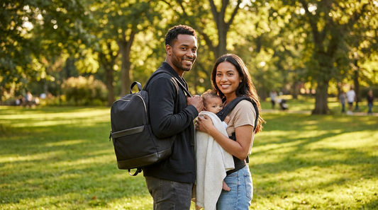 Dad wearing Ruvalino Classic Diaper Bag Backpack in black at sunny park while mom holds baby — gender-neutral unisex diaper bag for both parents