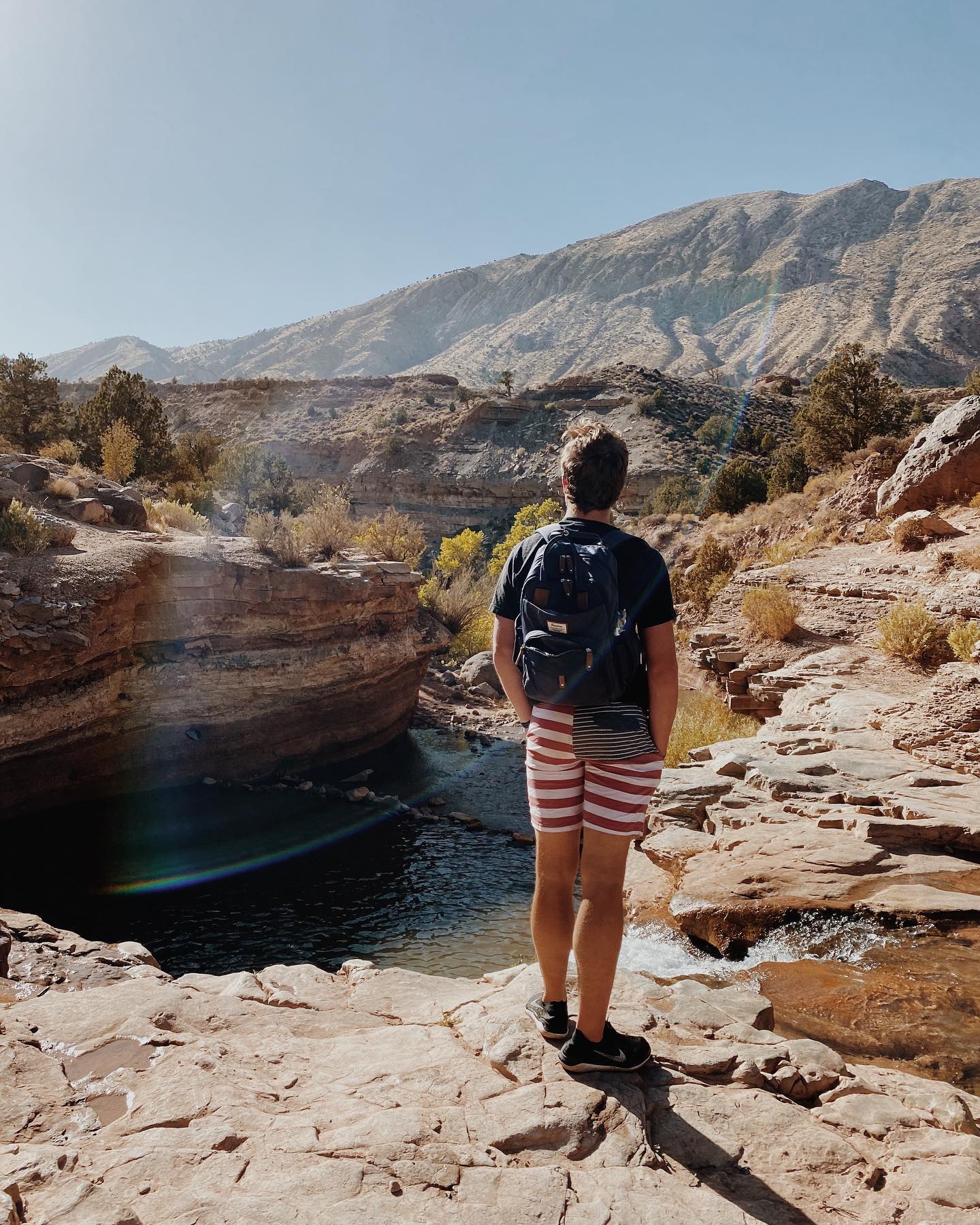 a man carrying a navy backpack looking into the mountains 