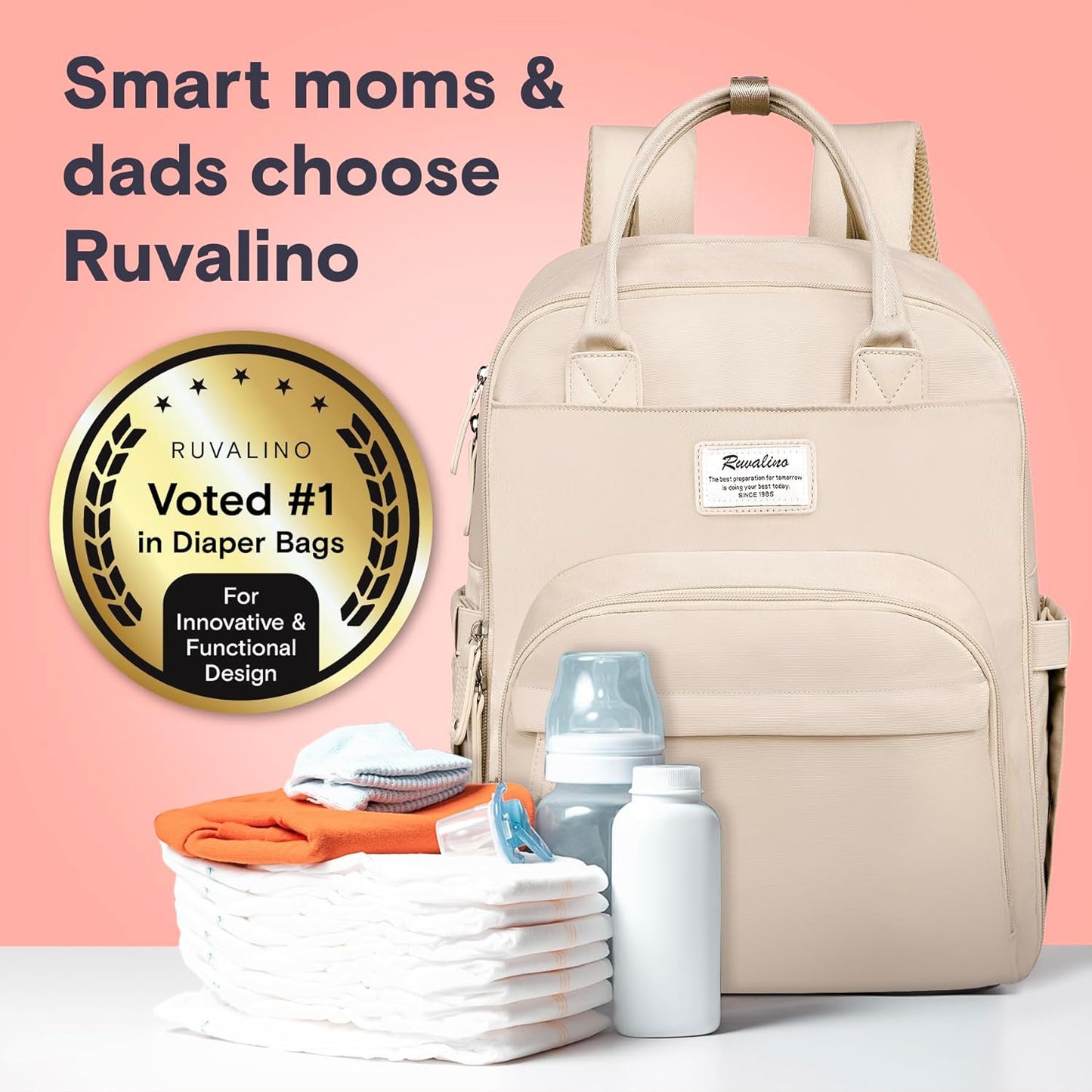 a beige backpack with baby items on a table with text: 'Smart moms & dads choose Ruvalino RUVALINO Voted #1 in Diaper Bags Fo Innovative & Functional Design'