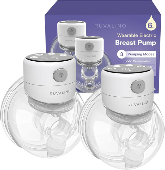 a group of white breast pump with text: 'RUVALINO Wearable Electric RUVALI Breast Pump 3 RUVALINO Pumping Modes Massage Mode S RUVALINO RUVALINO'