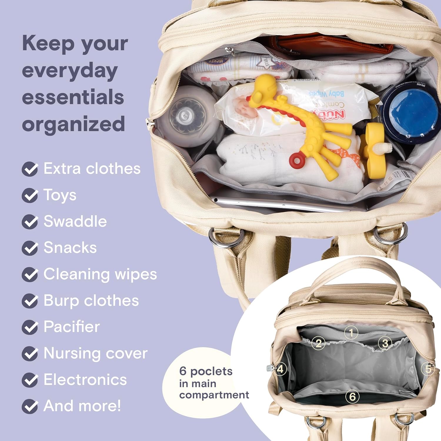 a beige baby backpack with baby items inside with text: 'Keep your everyday essentials organized Extra clothes - Toys Swaddle Snacks Cleaning wipes Burp clothes Pacifier Nursing cover Electronics 6 poclets in main And more! compartment 6'