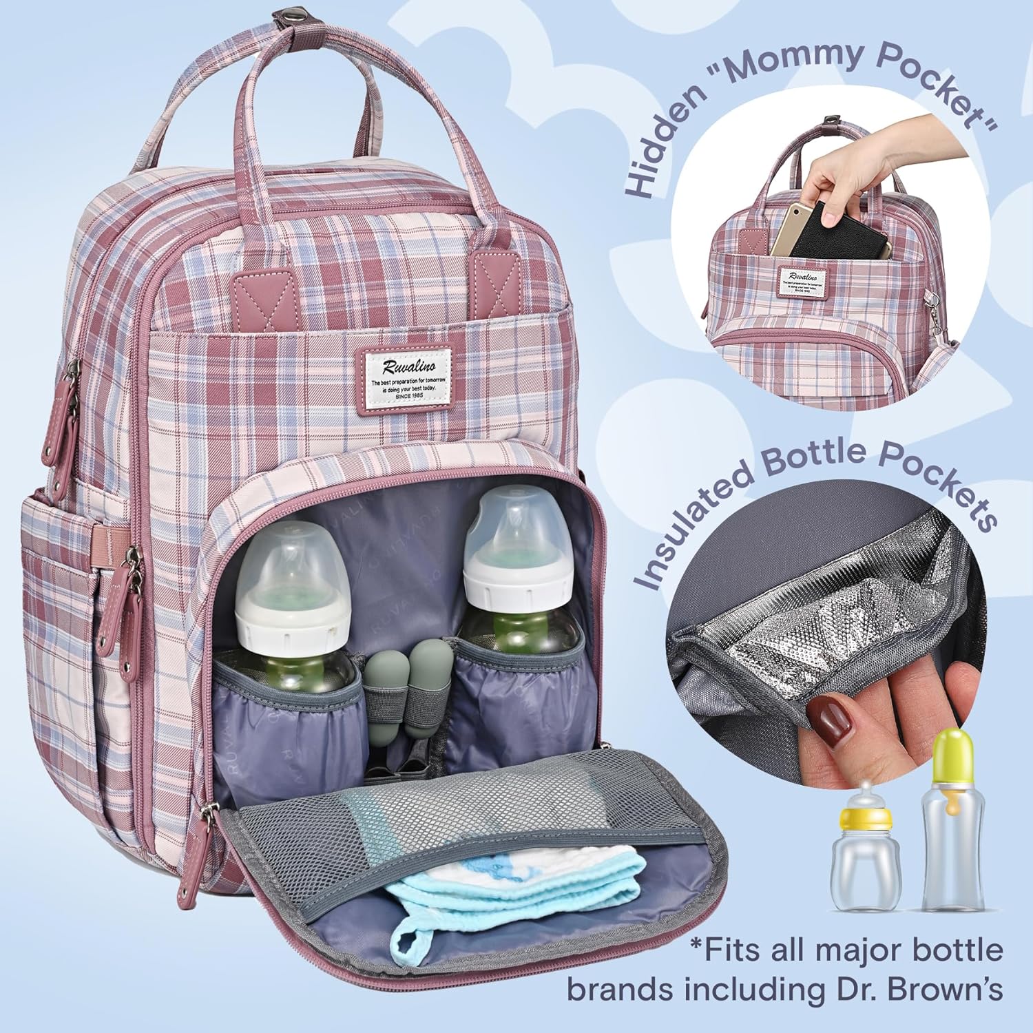 a pink plaid backpack with bottles inside with text: 'RUVALINO Insulated *Fits all major bottle brands including Dr. Brown's'