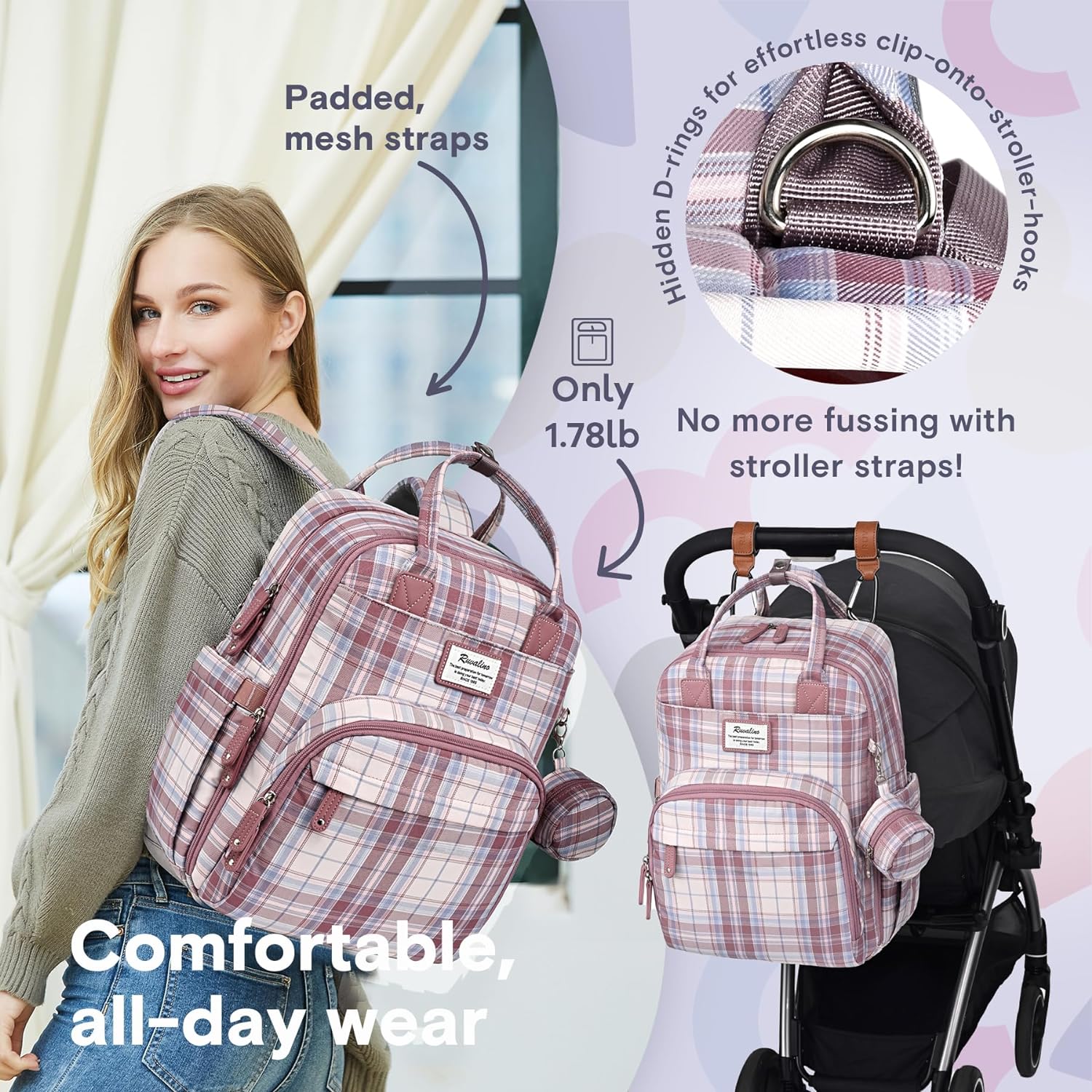 a person carrying a backpack with text: Padded, stroller-hooks mesh straps Hidden D-rings for Only 1.78lb No more fussing with stroller straps! Comfortable, all -day wear'