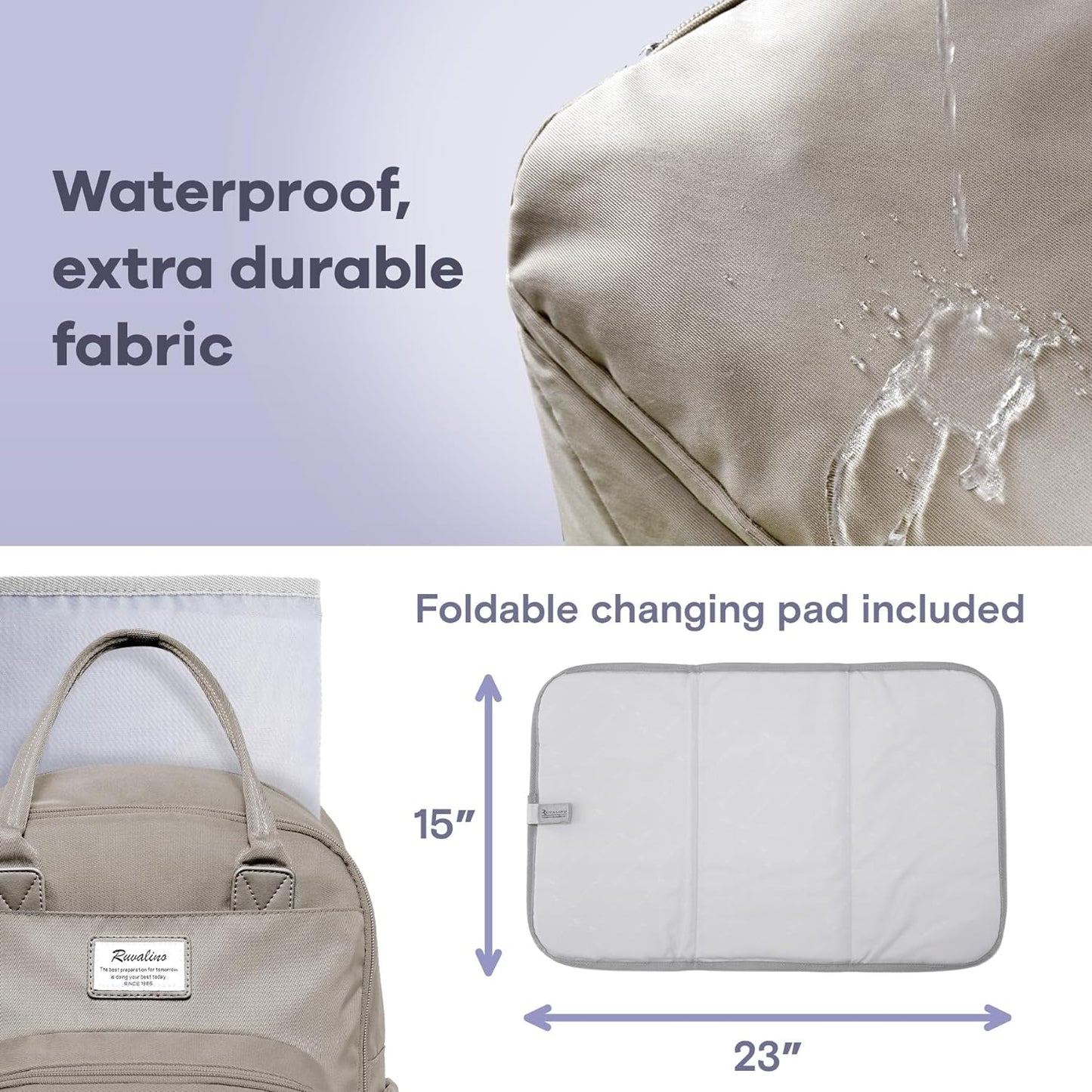 a clay backpack with a brown handle with text: 'Waterproof, extra durable fabric Foldable changing pad included 15" 23"'