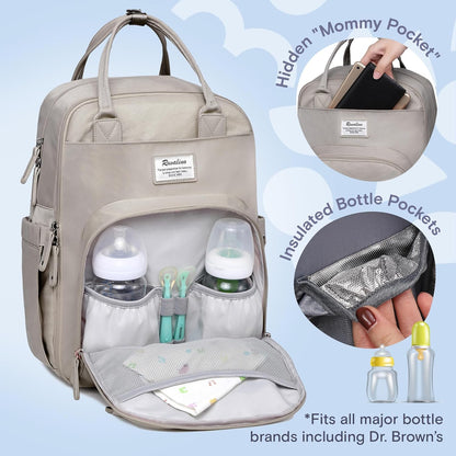 a clay backpack with bottles inside with text: 'RUVALINO Insulated *Fits all major bottle brands including Dr. Brown's'