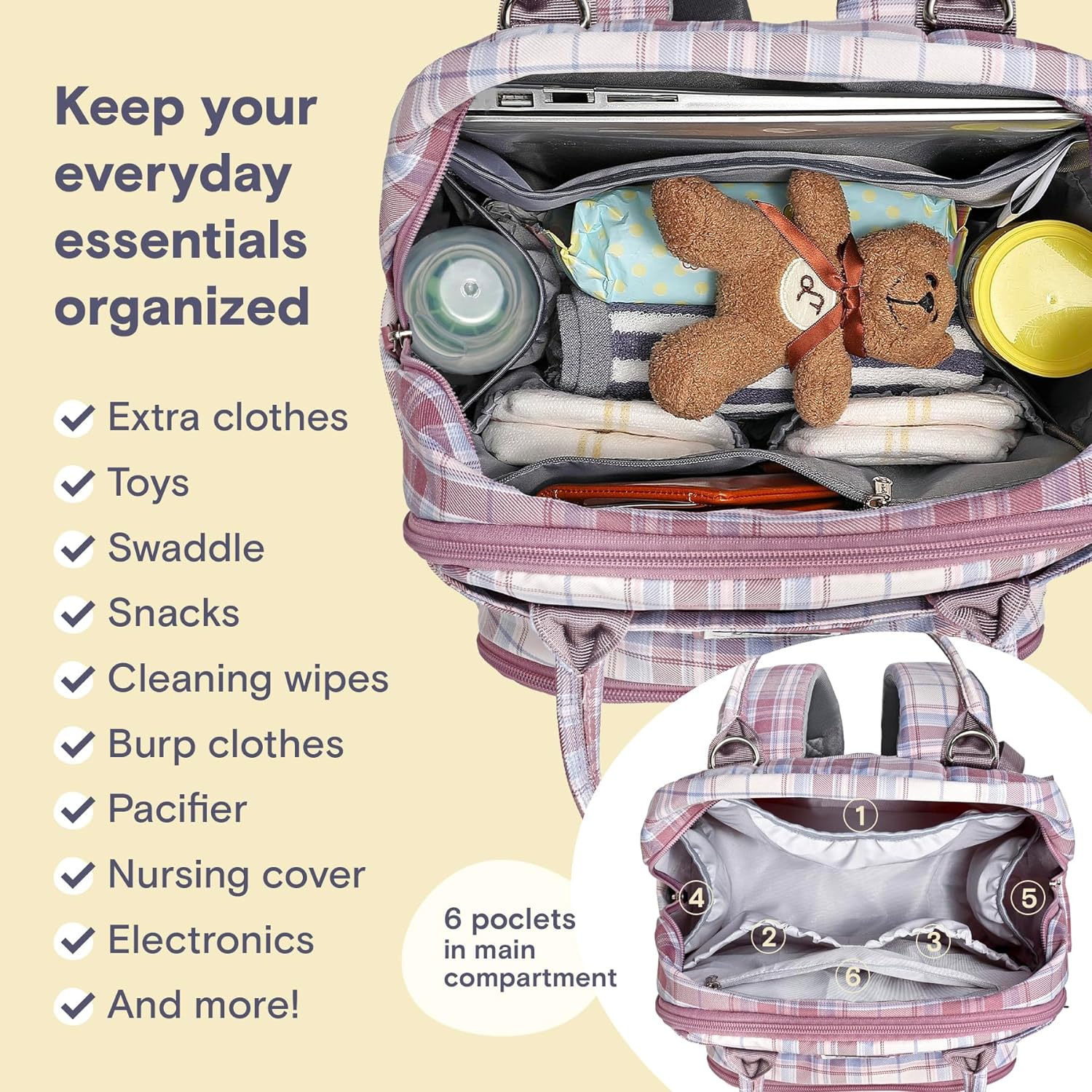 a pink plaid baby backpack with baby items inside with text: 'Keep your everyday essentials organized Extra clothes - Toys Swaddle Snacks Cleaning wipes Burp clothes Pacifier Nursing cover Electronics 6 poclets in main And more! compartment 6'