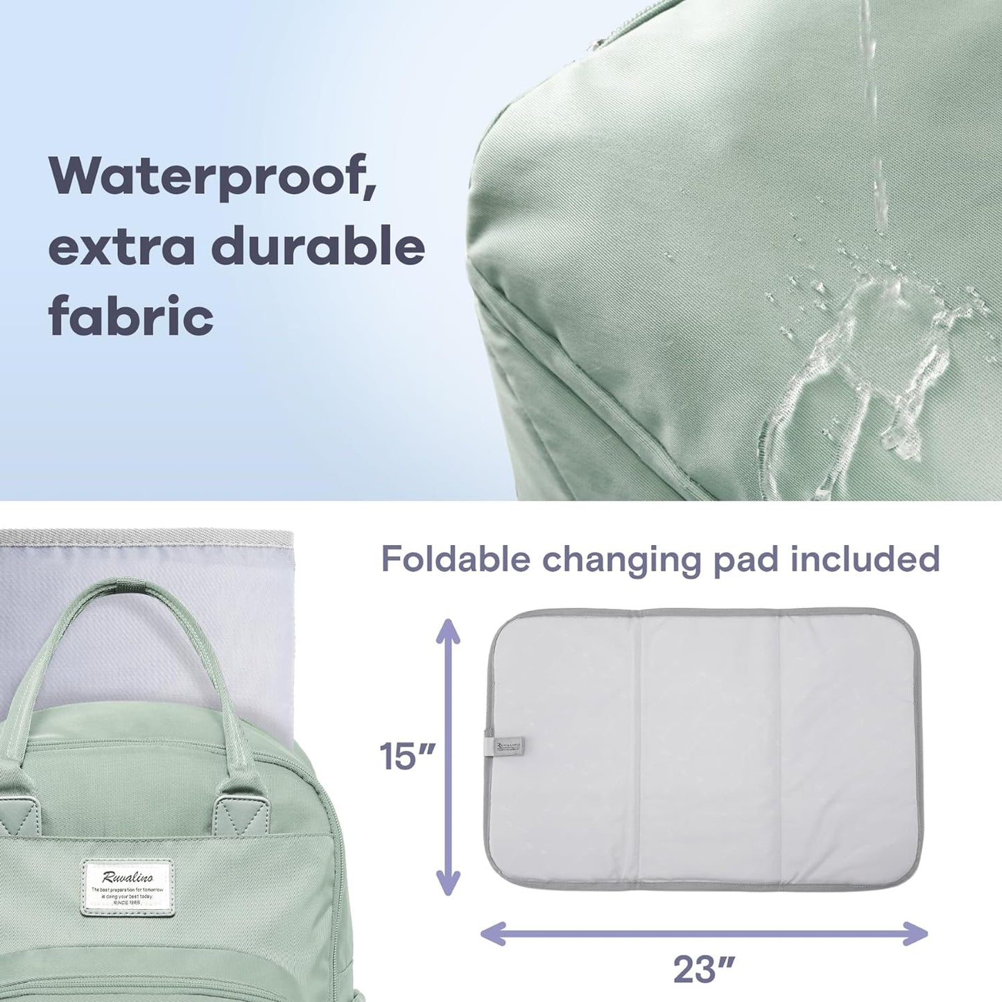 a mint green backpack with a brown handle with text: 'Waterproof, extra durable fabric Foldable changing pad included 15" 23"'