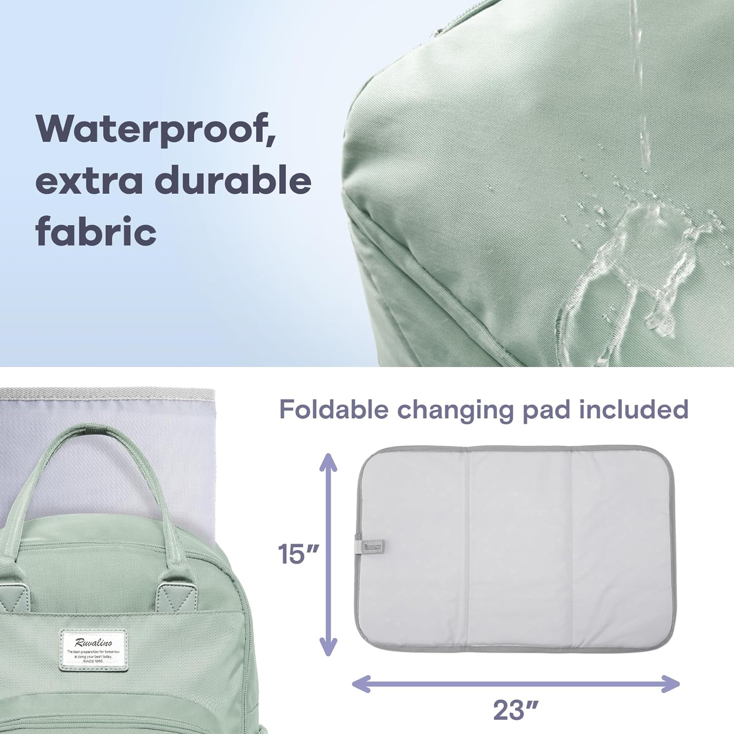 a mint green backpack with a brown handle with text: 'Waterproof, extra durable fabric Foldable changing pad included 15" 23"'