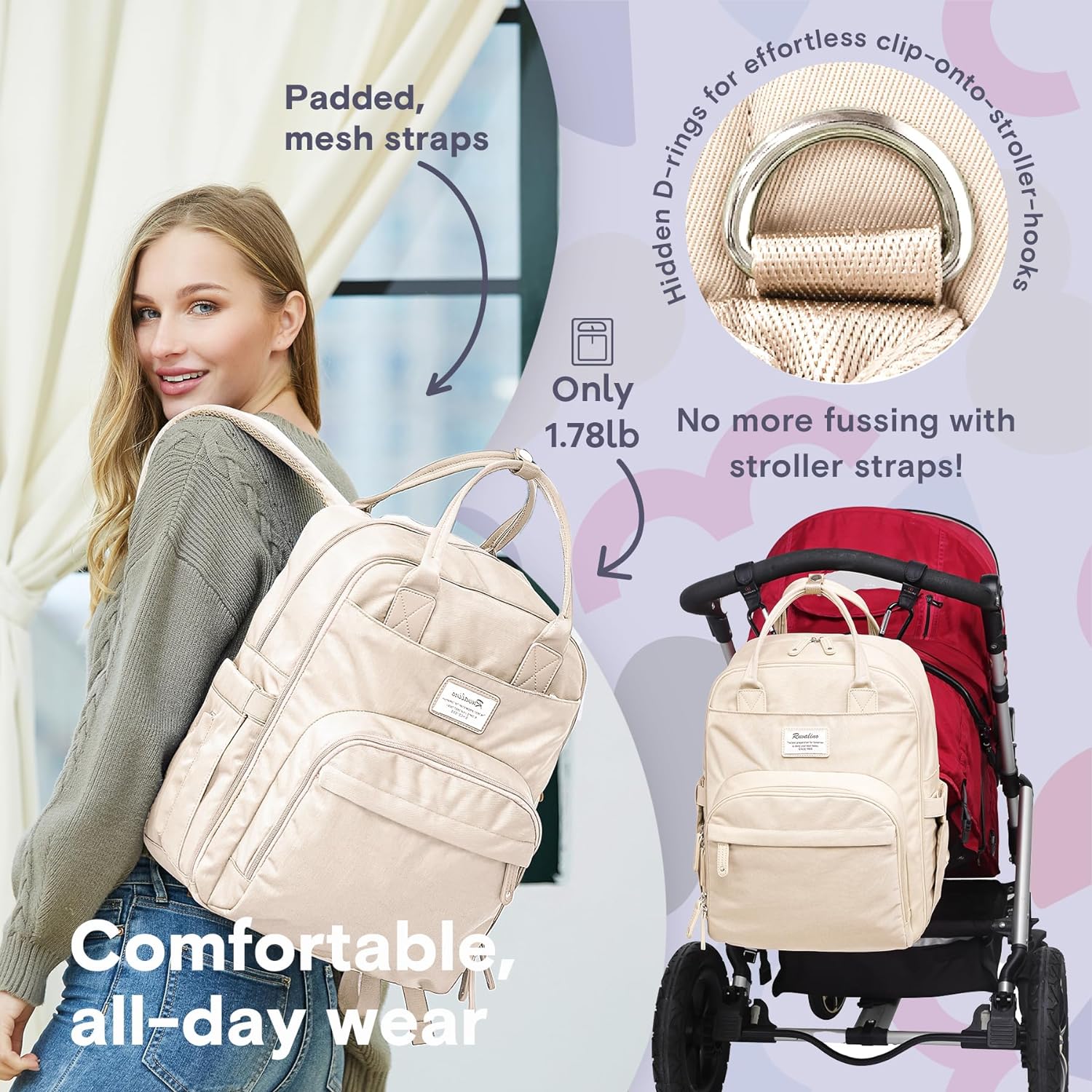 a person carrying a backpack with text: Padded, stroller-hooks mesh straps Hidden D-rings for Only 1.78lb No more fussing with stroller straps! Comfortable, all -day wear'