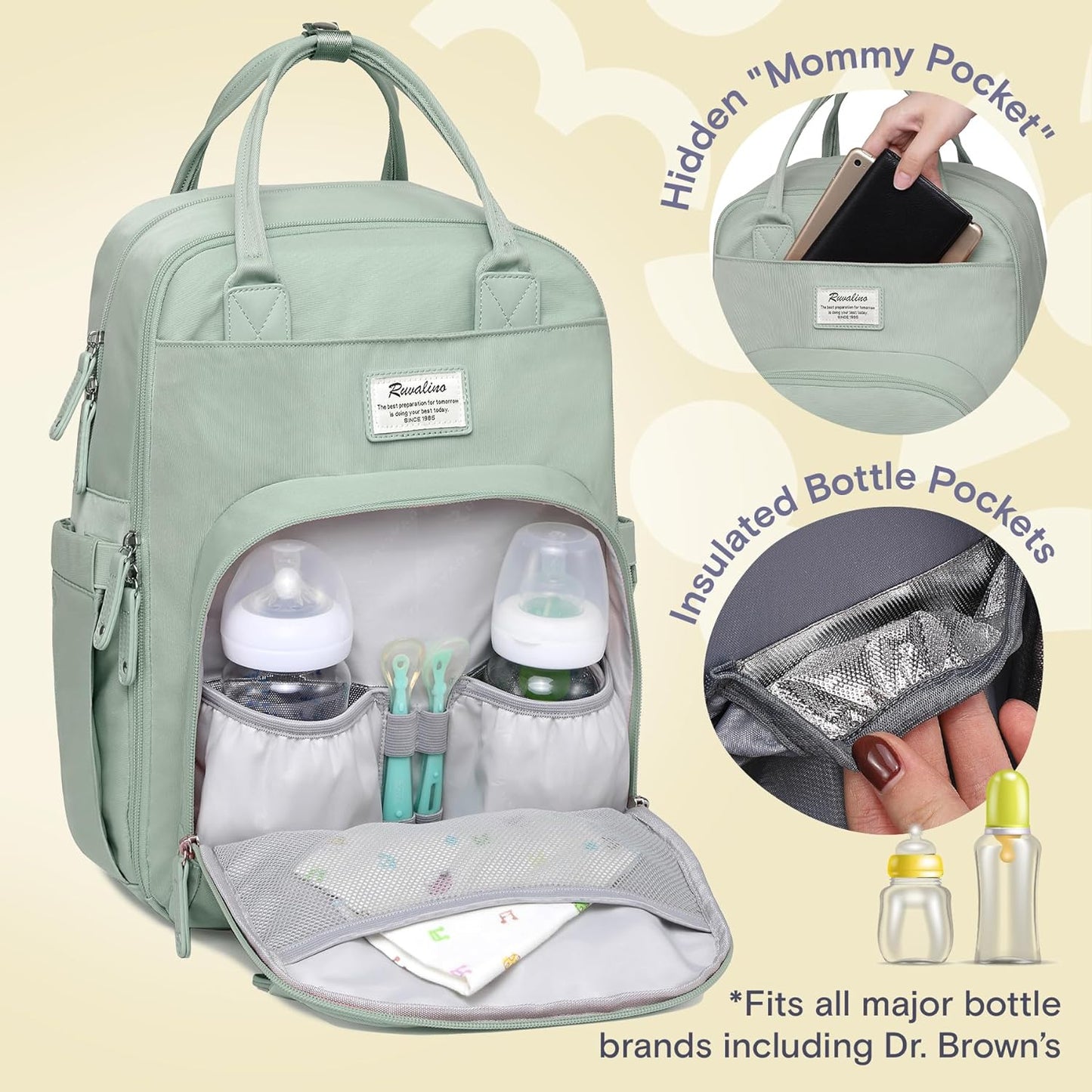 a mint green backpack with bottles inside with text: 'RUVALINO Insulated *Fits all major bottle brands including Dr. Brown's'