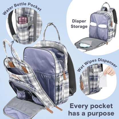 a blue plaid diaper bag with different diapers with text: 'Water Bottle Pocket Diaper Storage Wet Wipes Dispenser Every pocket has a purpose'