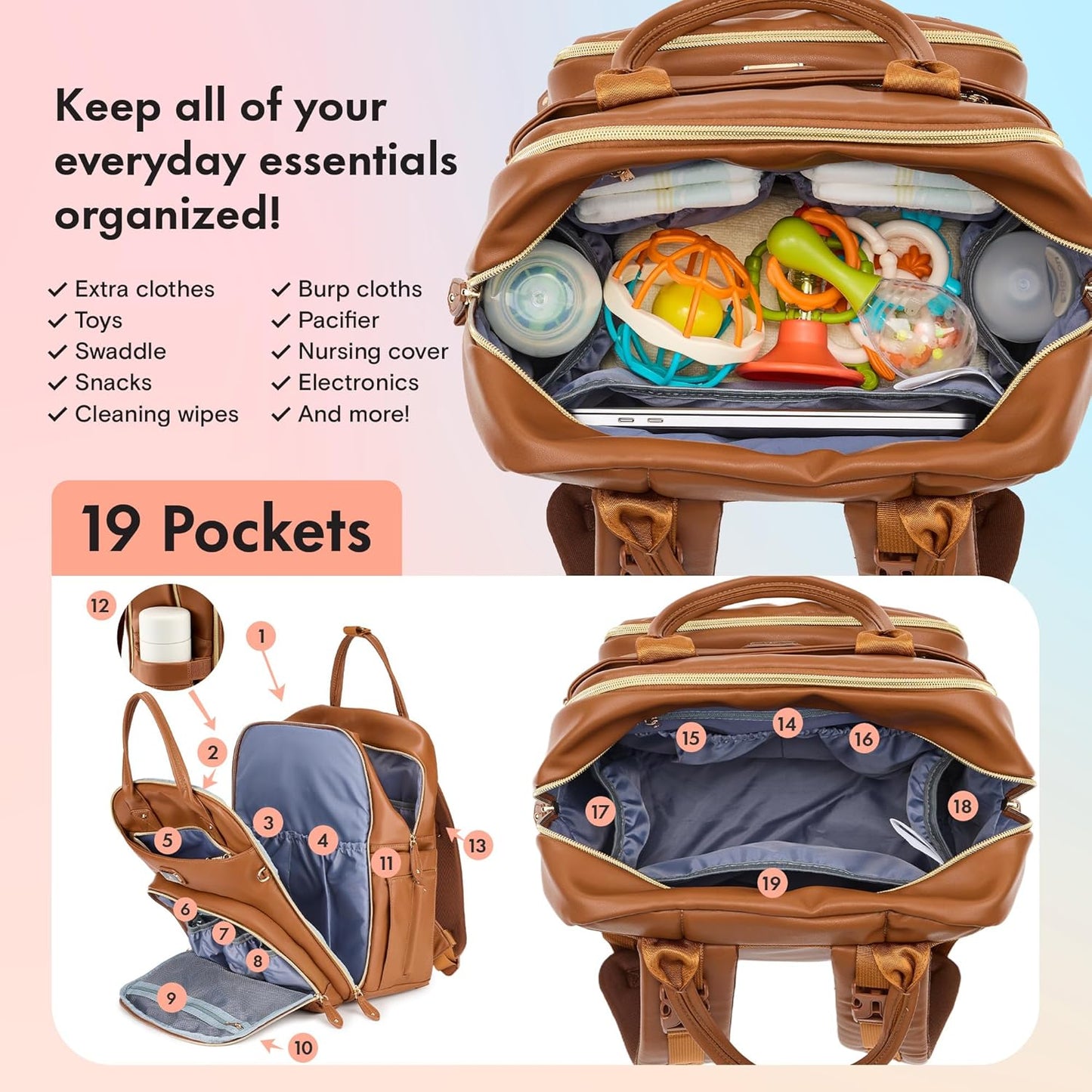 RUVALINO Boss Plus™ Large Diaper Bag Backpack with Portable Changing Pad, Pacifier Case and Stroller Straps
