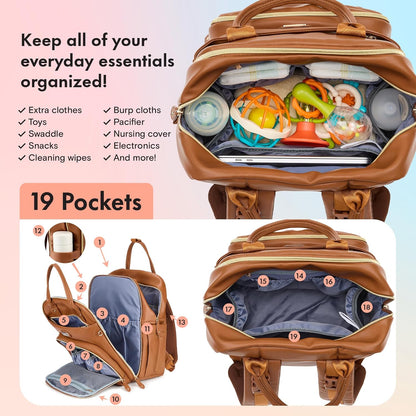 RUVALINO Boss Plus™ Large Diaper Bag Backpack with Portable Changing Pad, Pacifier Case and Stroller Straps