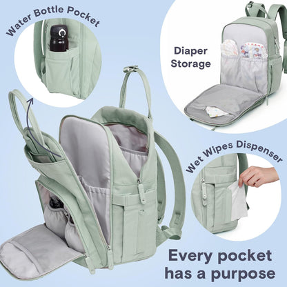 a mint green diaper bag with different diapers with text: 'Water Bottle Pocket Diaper Storage Wet Wipes Dispenser Every pocket has a purpose'