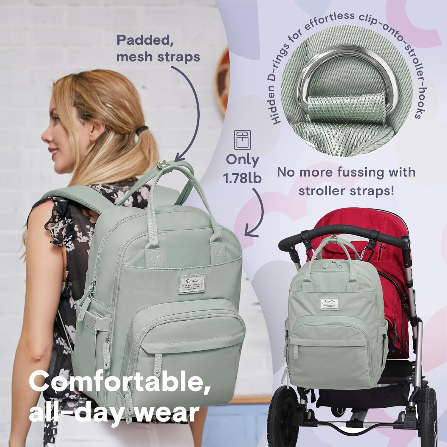 a person carrying a backpack with text: Padded, stroller-hooks mesh straps Hidden D-rings for Only 1.78lb No more fussing with stroller straps! Comfortable, all -day wear'