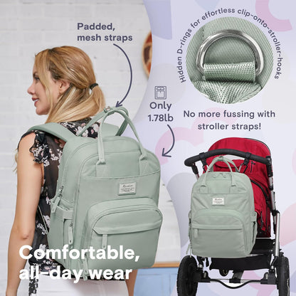 a person carrying a backpack with text: Padded, stroller-hooks mesh straps Hidden D-rings for Only 1.78lb No more fussing with stroller straps! Comfortable, all -day wear'