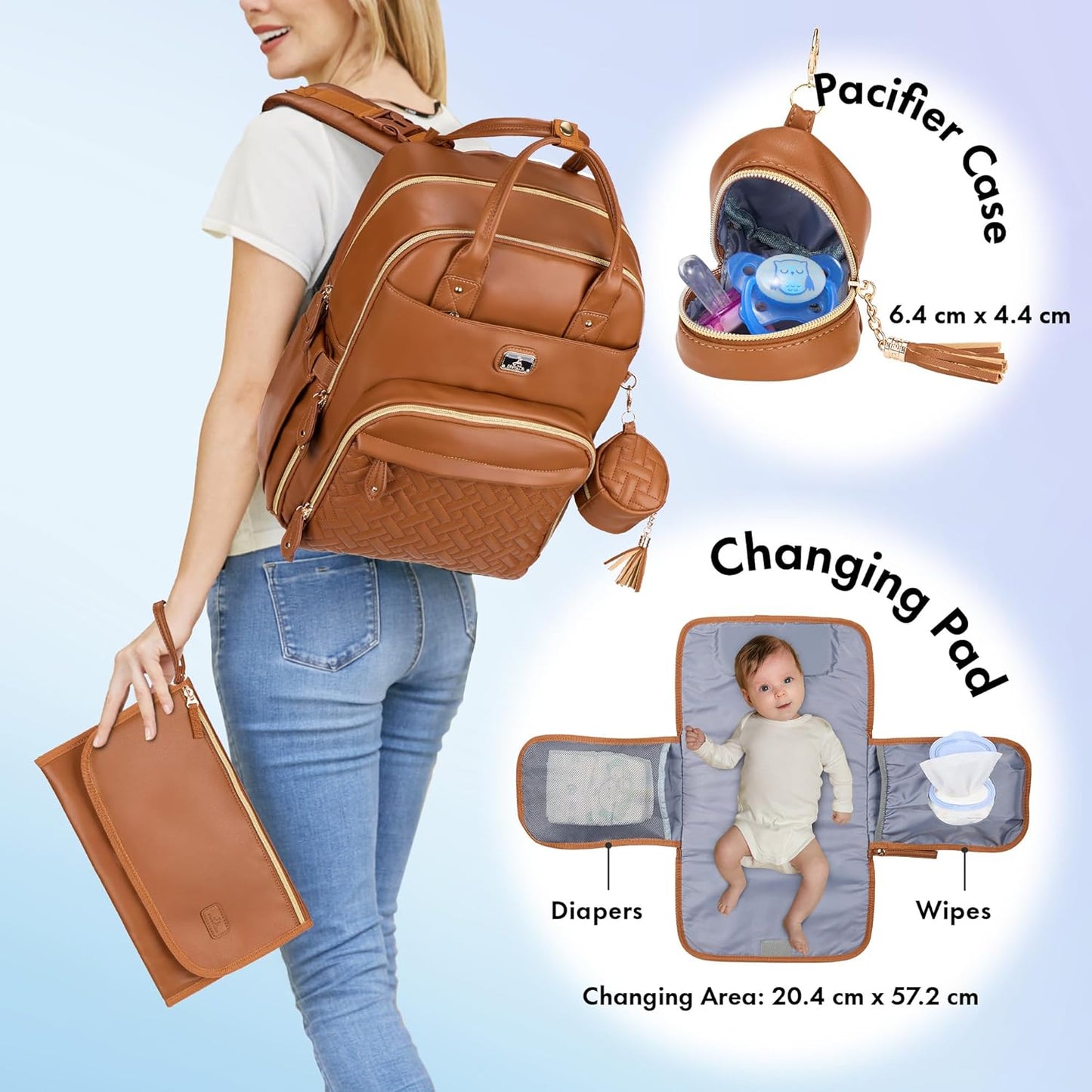 RUVALINO Boss Plus™ Large Diaper Bag Backpack with Portable Changing Pad, Pacifier Case and Stroller Straps