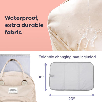 a beige backpack with a brown handle with text: 'Waterproof, extra durable fabric Foldable changing pad included 15" 23"'