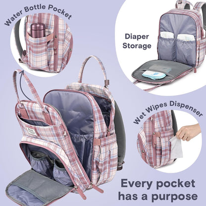 a pink plaid diaper bag with different diapers with text: 'Water Bottle Pocket Diaper Storage Wet Wipes Dispenser Every pocket has a purpose'